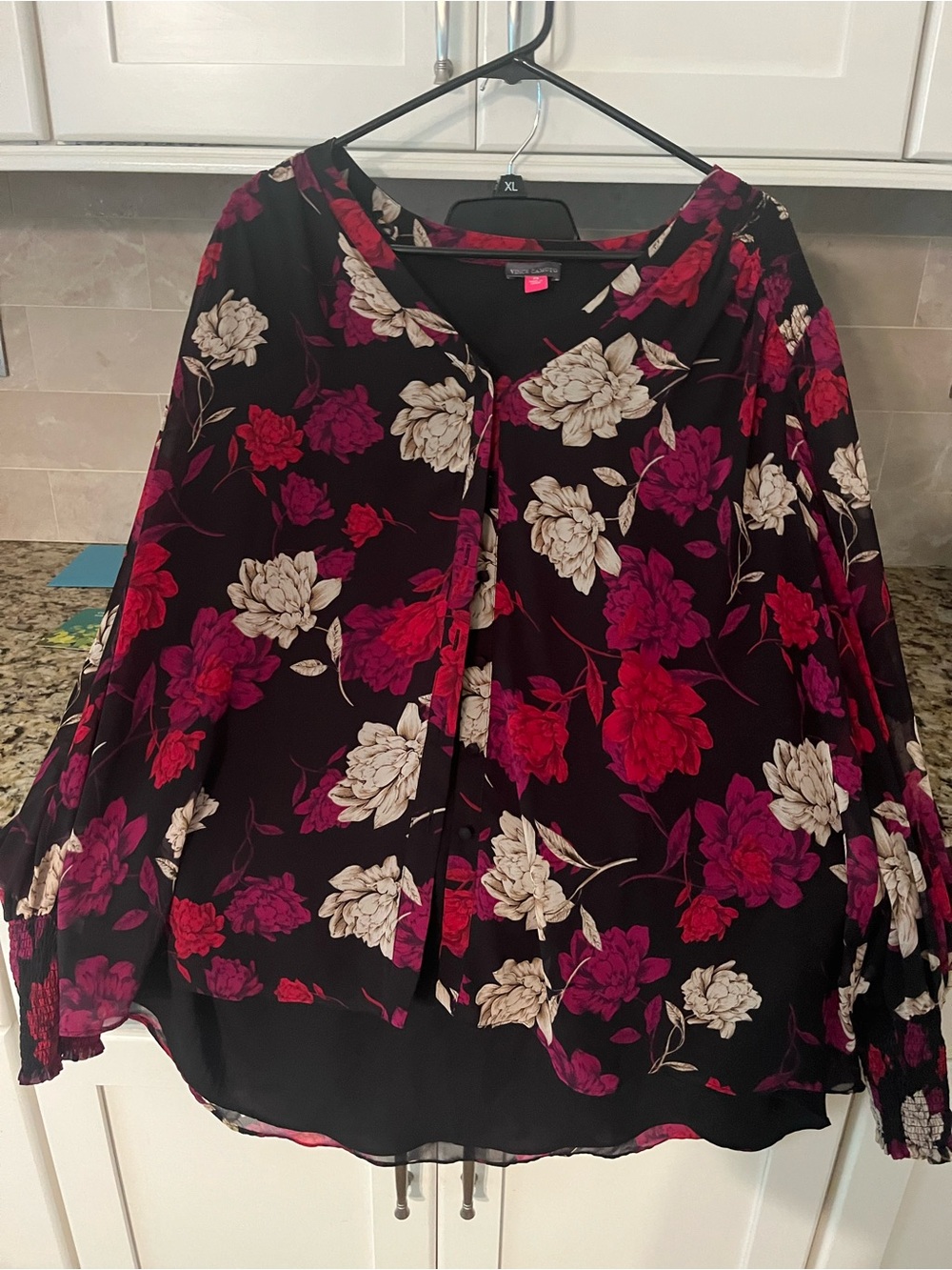 Vince Camuto Black Floral Blouse with Red, Magenta & Cream Flowers